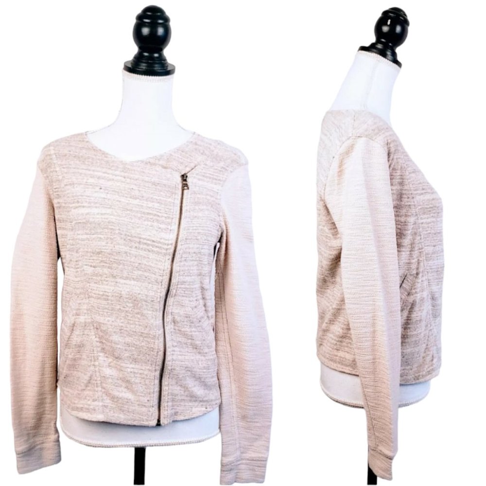 ANN TAYLOR Moto Jacket, Beige Tan Cotton Long Sleeve Assymetrical Pockets, S